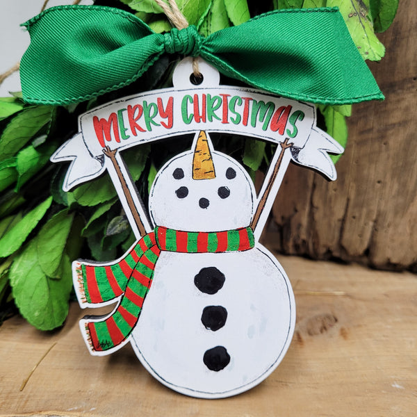 Merry Christmas Snowman Christmas Ornament, handcrafted by Lady A for the Artist Collection at Studio 29 Eleven.