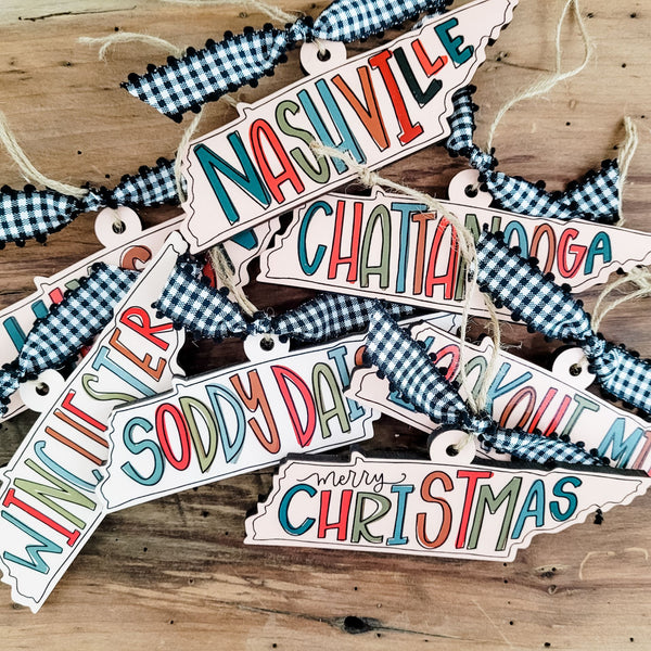 Custom State Ornament with City Names, festive personalized decoration, Artist Collection by Lady A, Studio 29 Eleven.