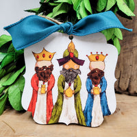 Three Wise Men Bearing Gifts Christmas Ornament, scalloped shape, 4.25" wide, Artist Collection by Lady A, Studio 29 Eleven.