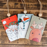 Trio Santa, Rudolph, and Snowman Christmas Ornament, festive 3-piece set, Artist Collection by Lady A, Studio 29 Eleven.