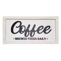 "Coffee Fresh Brewed Daily" Wooden Sign, Heart and Home Collection, White Distressed, Raised 3D Words, Rustic Home Decor.
