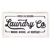 "Laundry Co" Sign, Heart and Home Collection, Open 24 Hours, Wash Rinse Repeat, 16"x27", 1/2" Wood, White Distressed Finish, Vintage Laundry Room Decor.