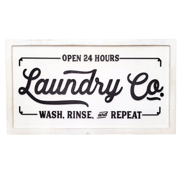 "Laundry Co" Sign, Heart and Home Collection, Open 24 Hours, Wash Rinse Repeat, 16"x27", 1/2" Wood, White Distressed Finish, Vintage Laundry Room Decor.
