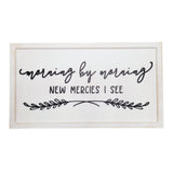 Morning by Morning Wooden Sign, Heart and Home Collection, White Distressed Backer, Raised 3D Morning by Morning, Decorative Laurels.