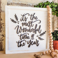 "Most Wonderful Time" Sign, Heart and Home Collection, 16"x16", 1/2" Wood, White Distressed Finish, Farmhouse Christmas Decor, Rustic Charm, Captivating 3D Effect, Ready to Hang.