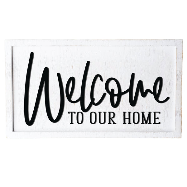 "Welcome to Our Home" Wooden Sign, Heart and Home Collection, White Distressed, Raised 3D Words, Rustic Home Decor.