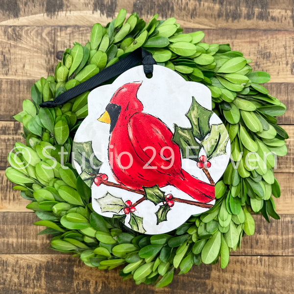 Christmas Ornament: Cardinal on Holly Branch - Artist Collection by Lady A