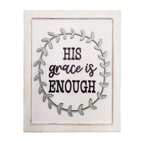  "His Grace is Enough" Sign, Heart and Home Collection, 12"x15", 1/2" Wood, White Distressed Finish, Layered Design, Attached Frame, Captivating Effect, Green Laurel Wreath Accent, Inspirational Home Decor.